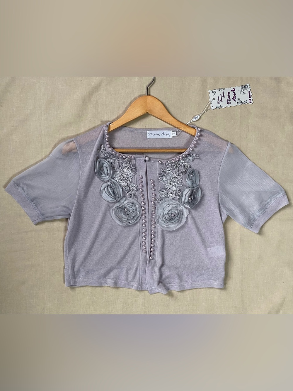 Pretty Angel Pearl Beaded Rosette Lace Cropped Cardigan Top Linen S Fairycore